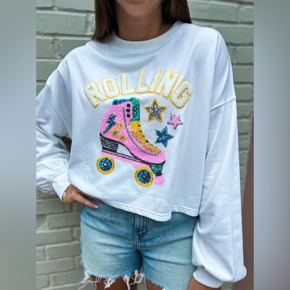 Rollin' Roller Skate Babe Sequin Patch Sweatshirt in White